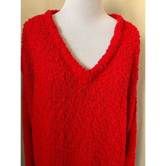Cafe Marrakesh Red Soft Stretch Loose Knit V-Neck Sweater - 2X - Picture 2 of 12